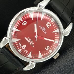 Vintage 1974 Fortis Manual Mens Silver Watch W/Leather Strap & Red accents